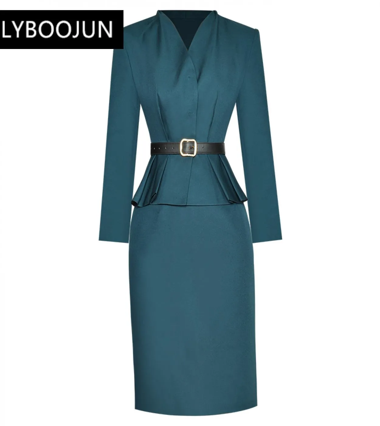 2022 Elegante abito di design di lusso di alta qualità da donna con scollo a V a maniche lunghe con cintura  gonna a tubino Sol