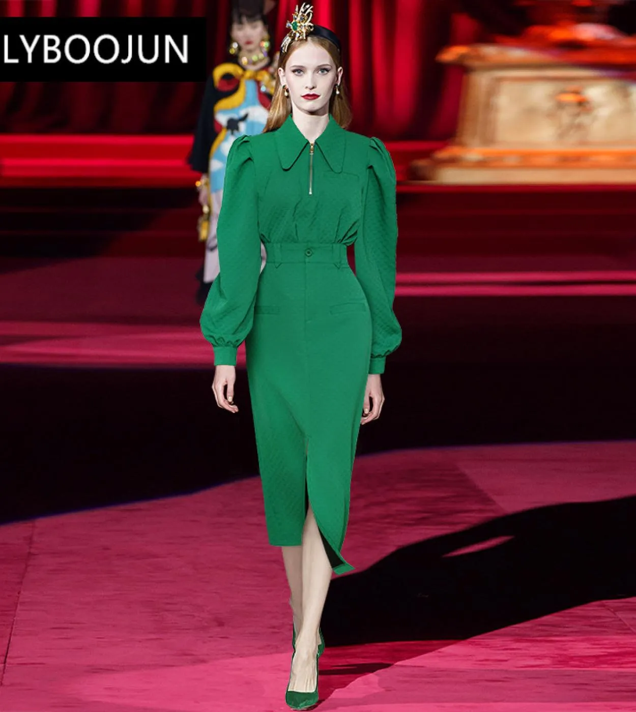 2023 Runway Designer di lusso Primavera Inverno Colletto rovesciato Manicotto a lanterna  Gonna a due pezzi con spacco verde