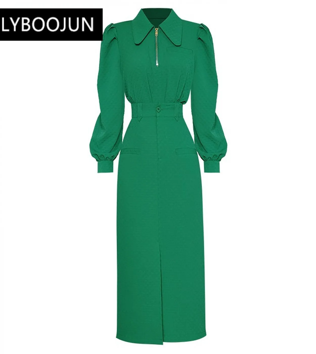 2023 Runway Designer di lusso Primavera Inverno Colletto rovesciato Manicotto a lanterna  Gonna a due pezzi con spacco verde