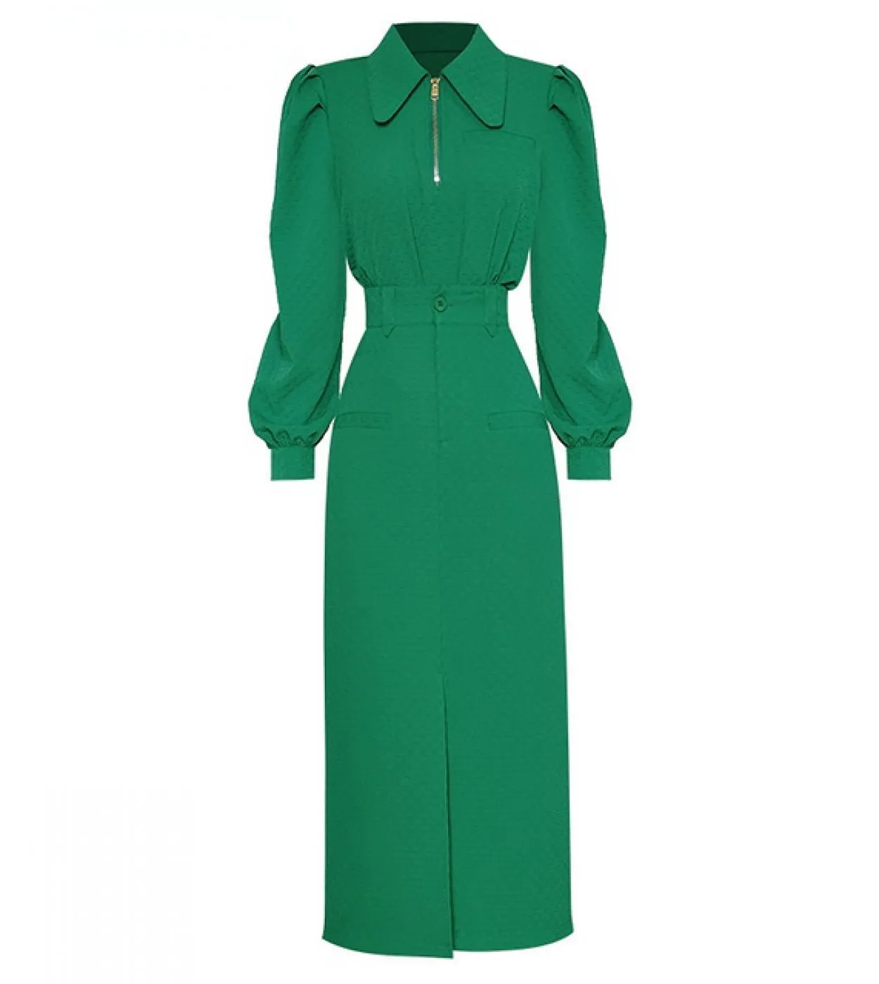 2023 Runway Designer di lusso Primavera Inverno Colletto rovesciato Manicotto a lanterna  Gonna a due pezzi con spacco verde