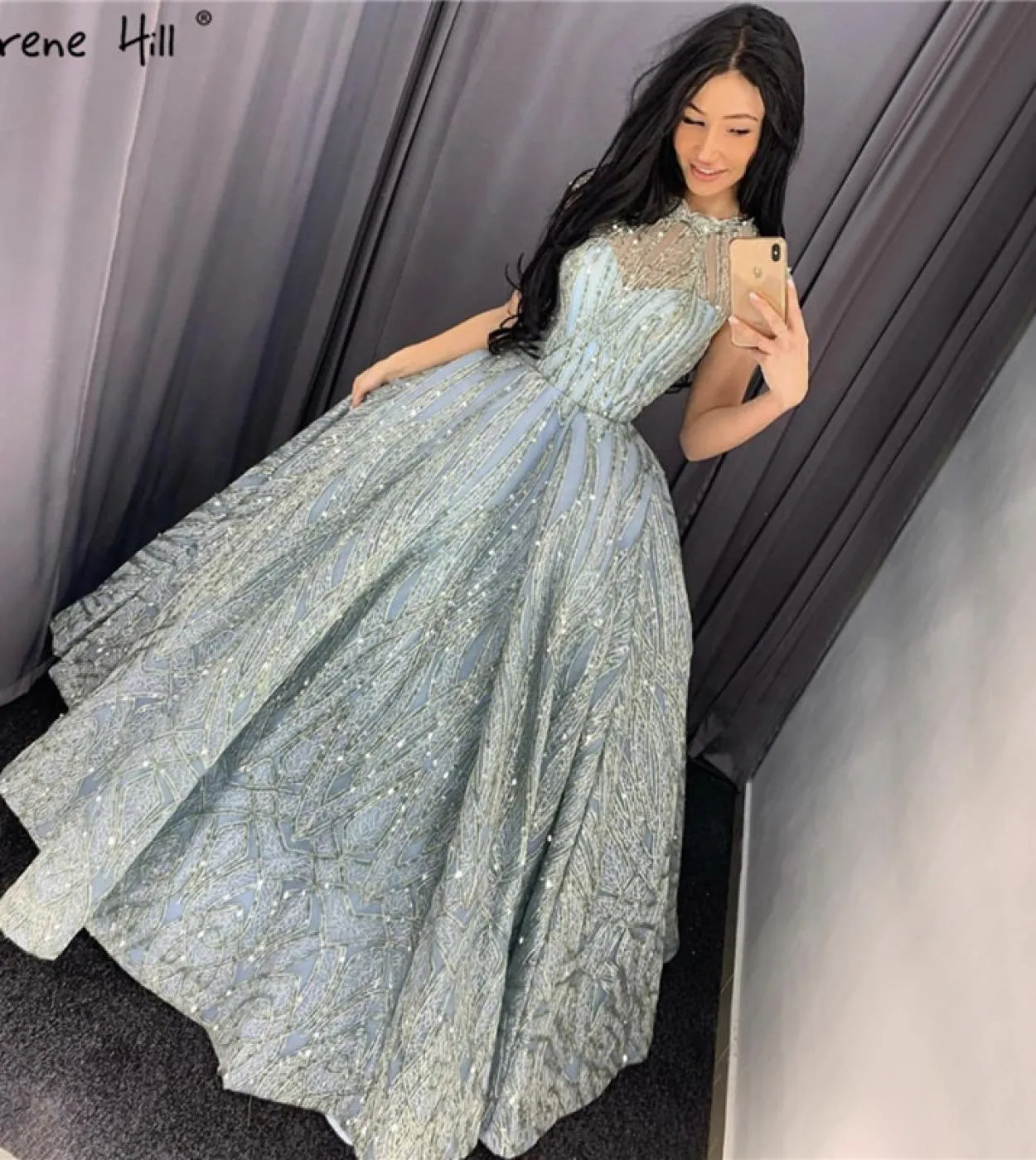 Abiti da sera collo alto blu acqua limpida Abiti da sposa con paillettes in pizzo a maniche corte Design Real Photo Hm66981 Sera