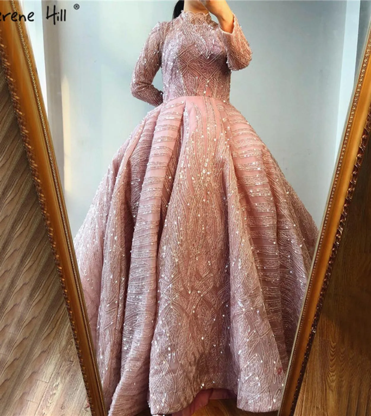 Abiti da sera collo alto blu acqua limpida Abiti da sposa con paillettes in pizzo a maniche corte Design Real Photo Hm66981 Sera