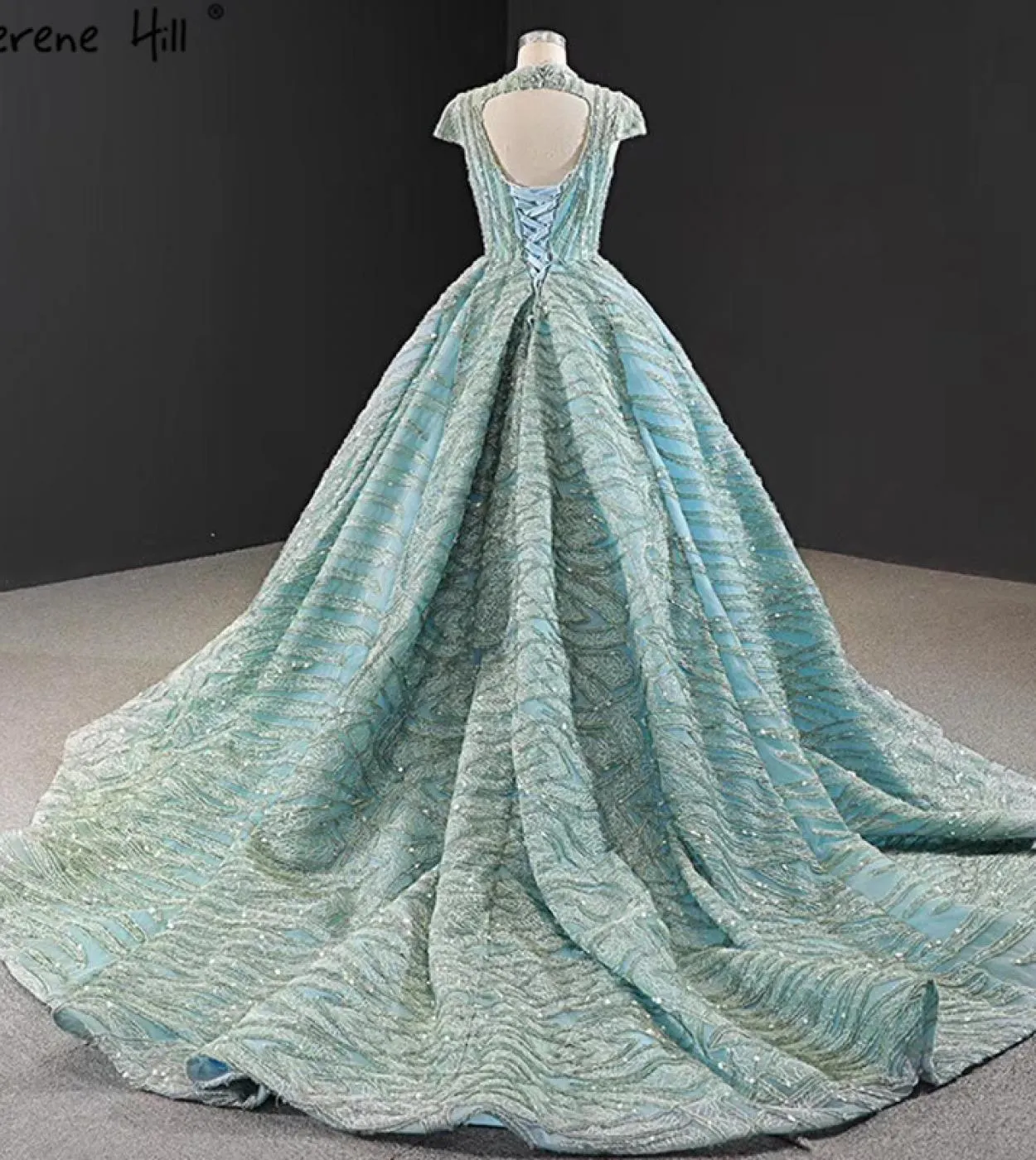 Abiti da sera collo alto blu acqua limpida Abiti da sposa con paillettes in pizzo a maniche corte Design Real Photo Hm66981 Sera