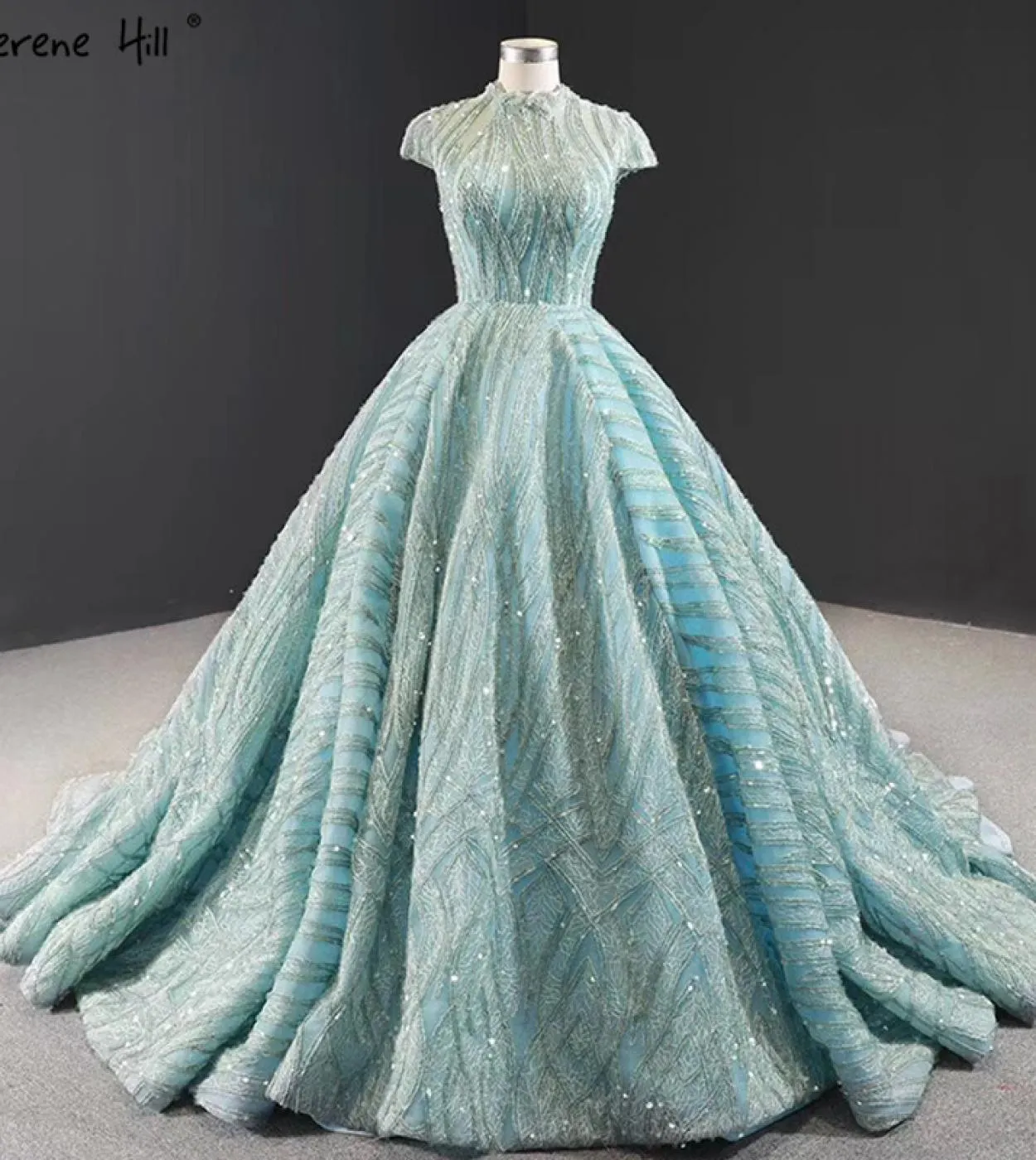 Abiti da sera collo alto blu acqua limpida Abiti da sposa con paillettes in pizzo a maniche corte Design Real Photo Hm66981 Sera