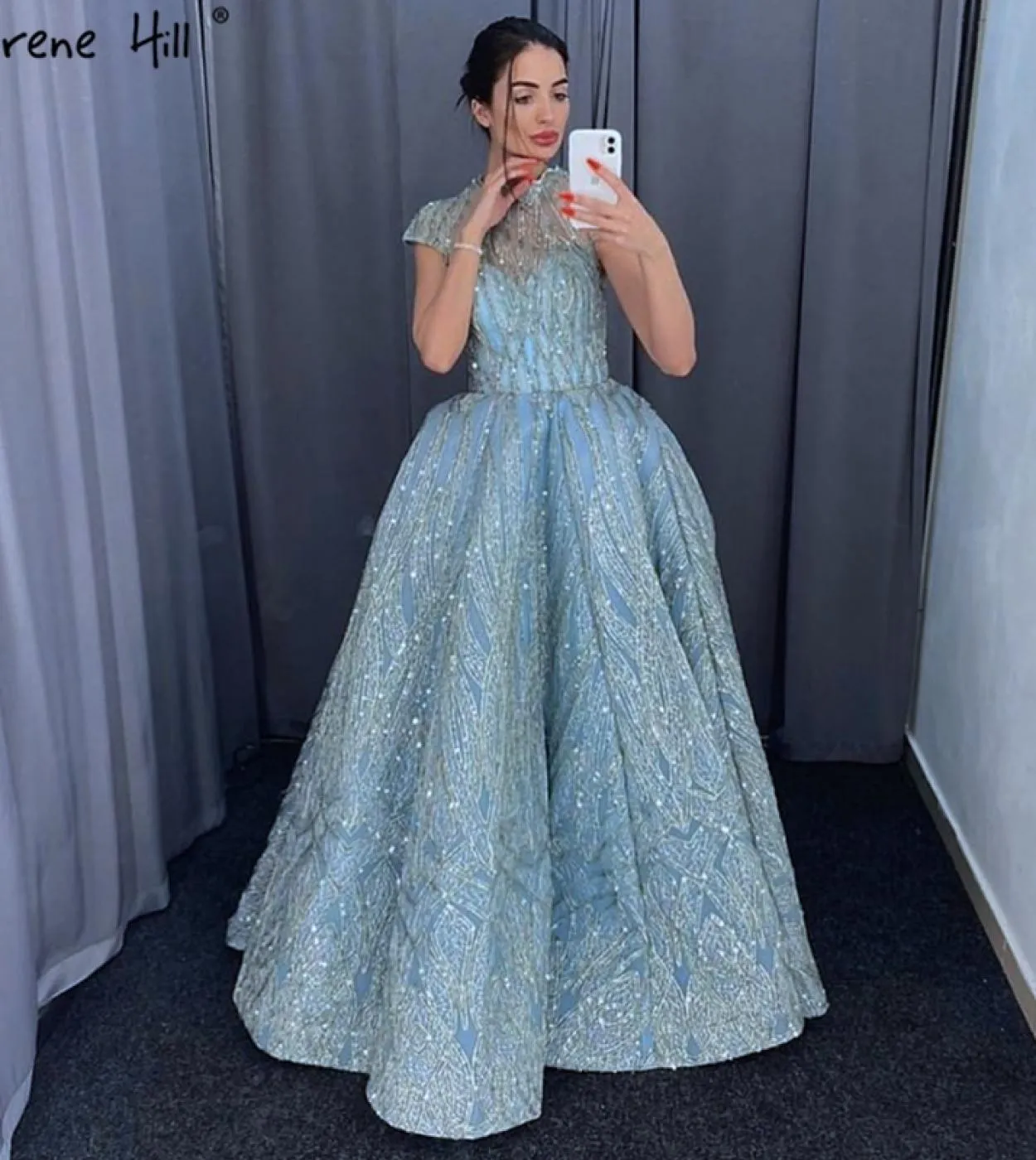 Abiti da sera collo alto blu acqua limpida Abiti da sposa con paillettes in pizzo a maniche corte Design Real Photo Hm66981 Sera
