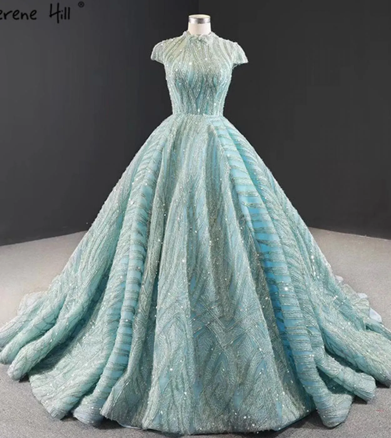 Abiti da sera collo alto blu acqua limpida Abiti da sposa con paillettes in pizzo a maniche corte Design Real Photo Hm66981 Sera