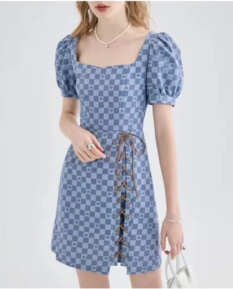 Abito a scacchiera Gonna in denim con maniche a sbuffo con colletto quadrato estivo femminile