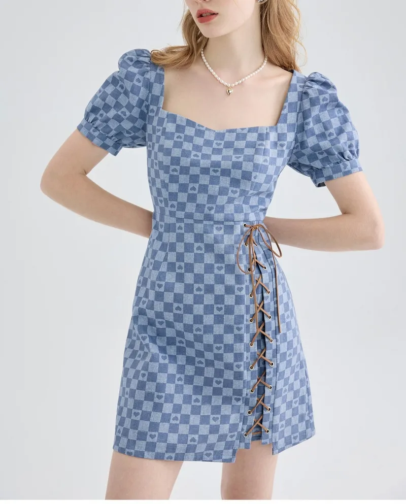 Abito a scacchiera Gonna in denim con maniche a sbuffo con colletto quadrato estivo femminile
