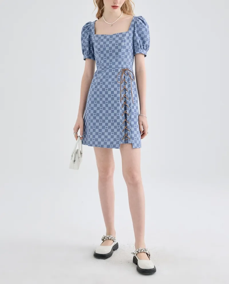 Abito a scacchiera Gonna in denim con maniche a sbuffo con colletto quadrato estivo femminile