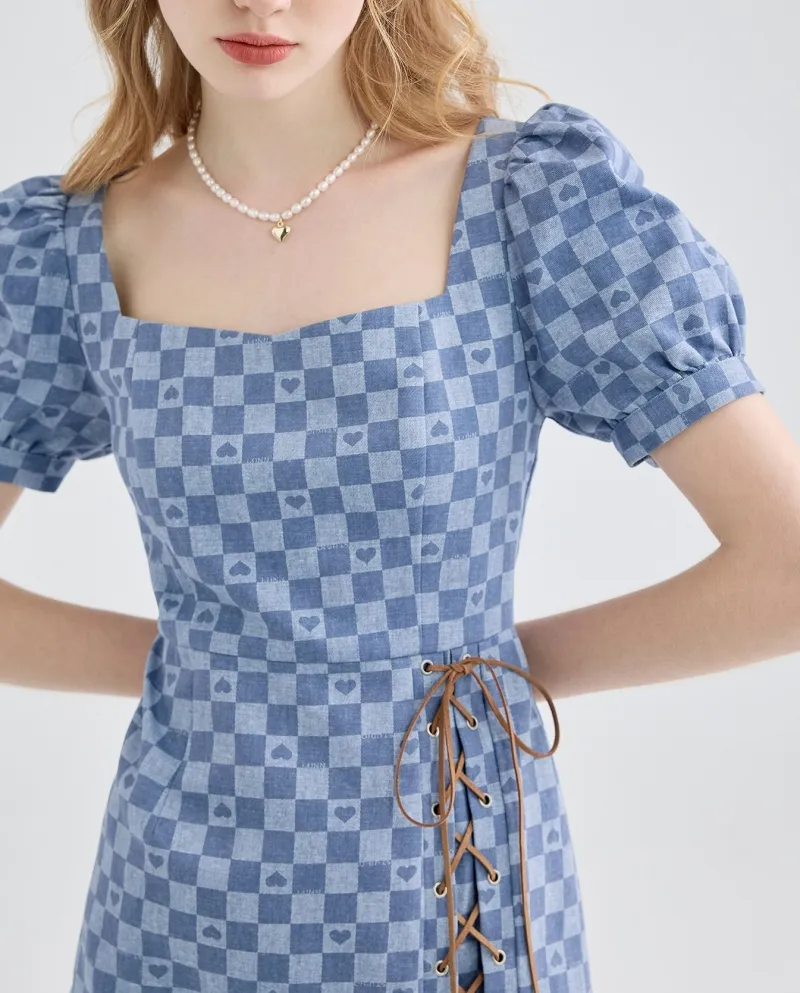 Abito a scacchiera Gonna in denim con maniche a sbuffo con colletto quadrato estivo femminile