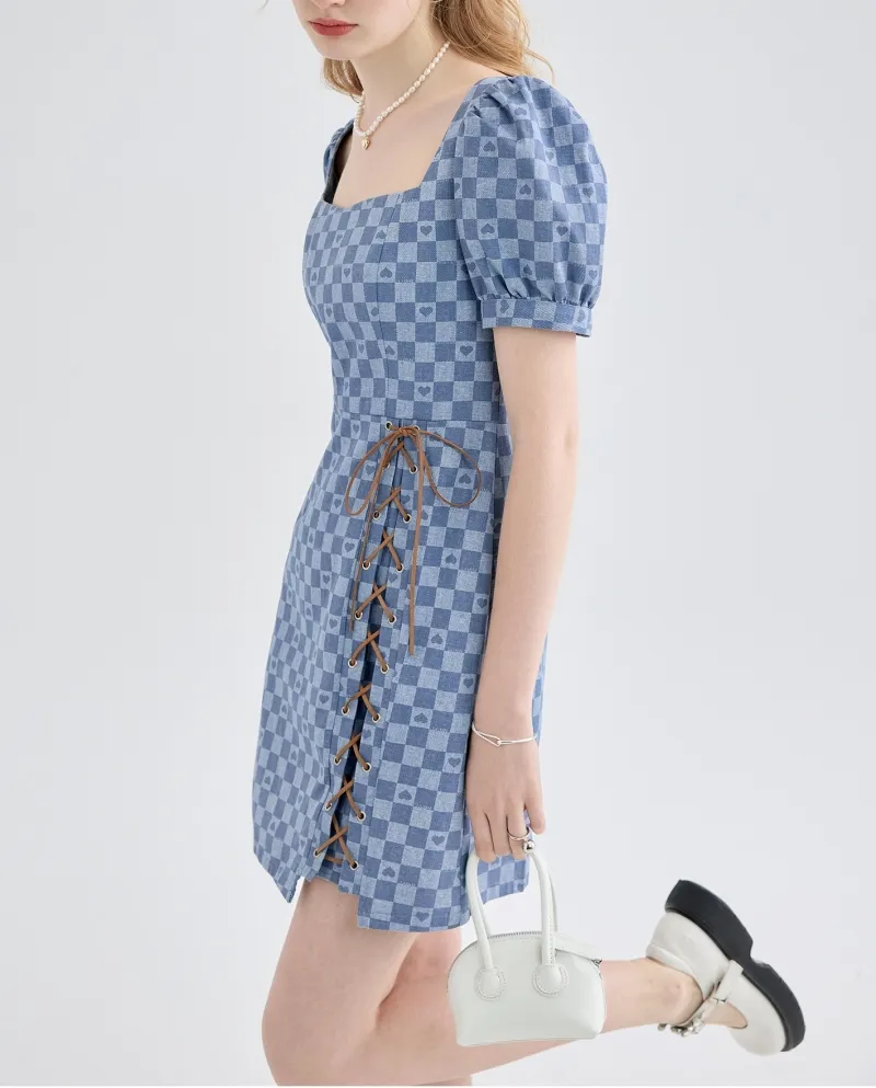Abito a scacchiera Gonna in denim con maniche a sbuffo con colletto quadrato estivo femminile