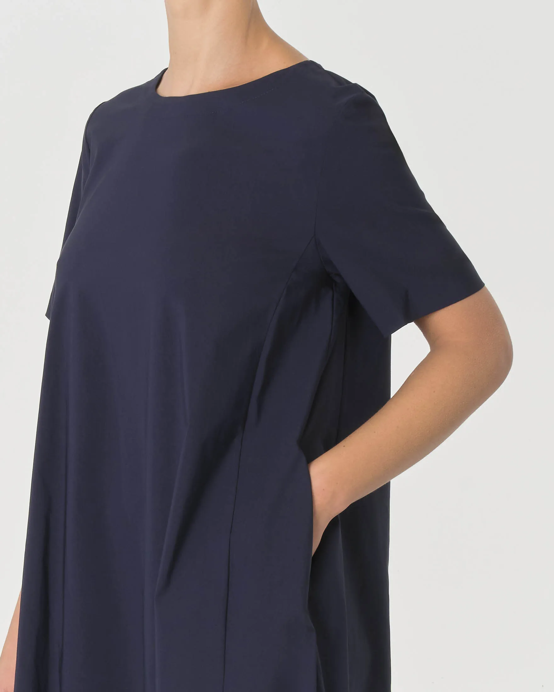 Abito corto blu a palloncino in misto viscosa stretch a mezze maniche
