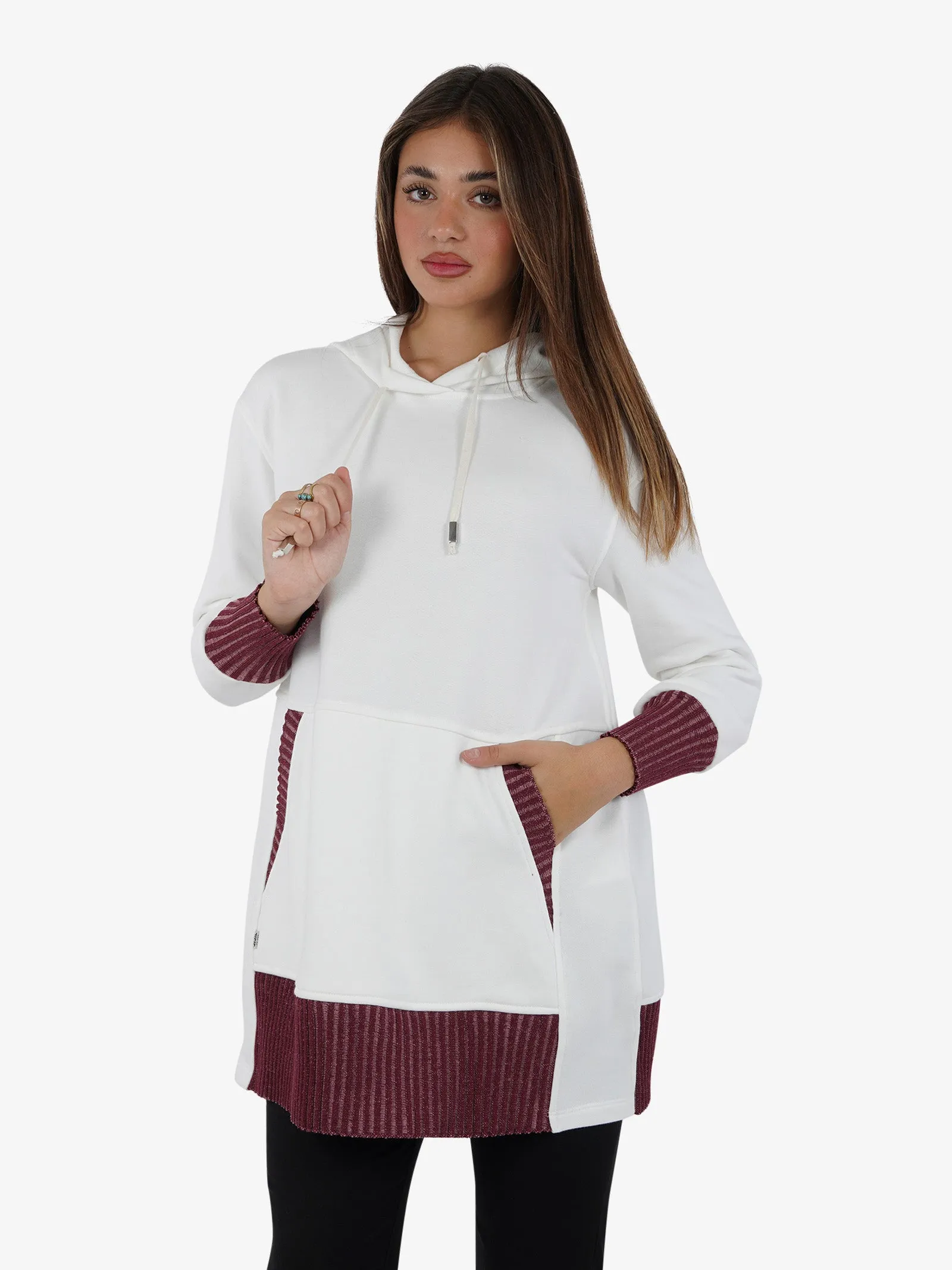 Abito midi con cappuccio donna cotone panna
