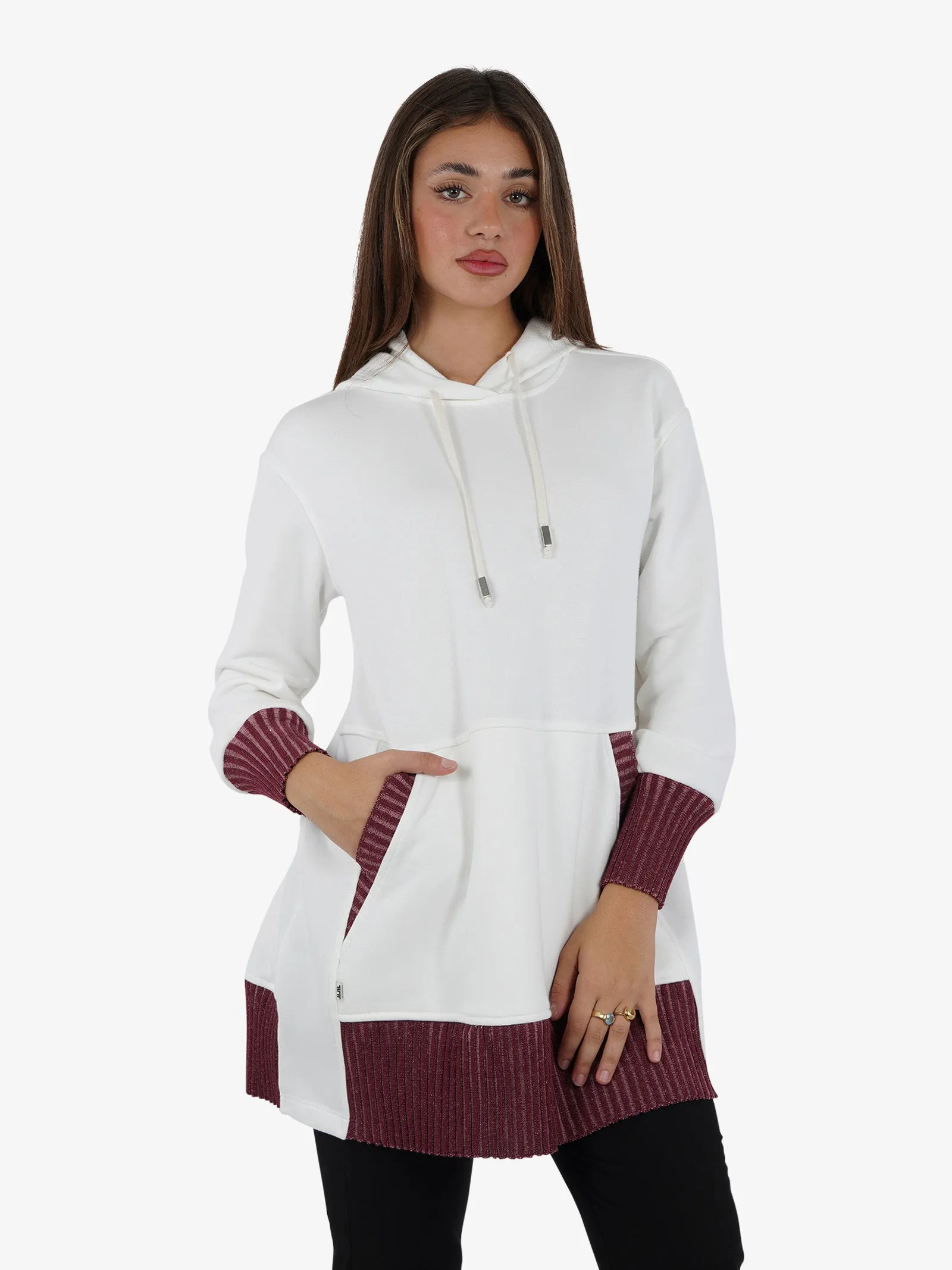 Abito midi con cappuccio donna cotone panna