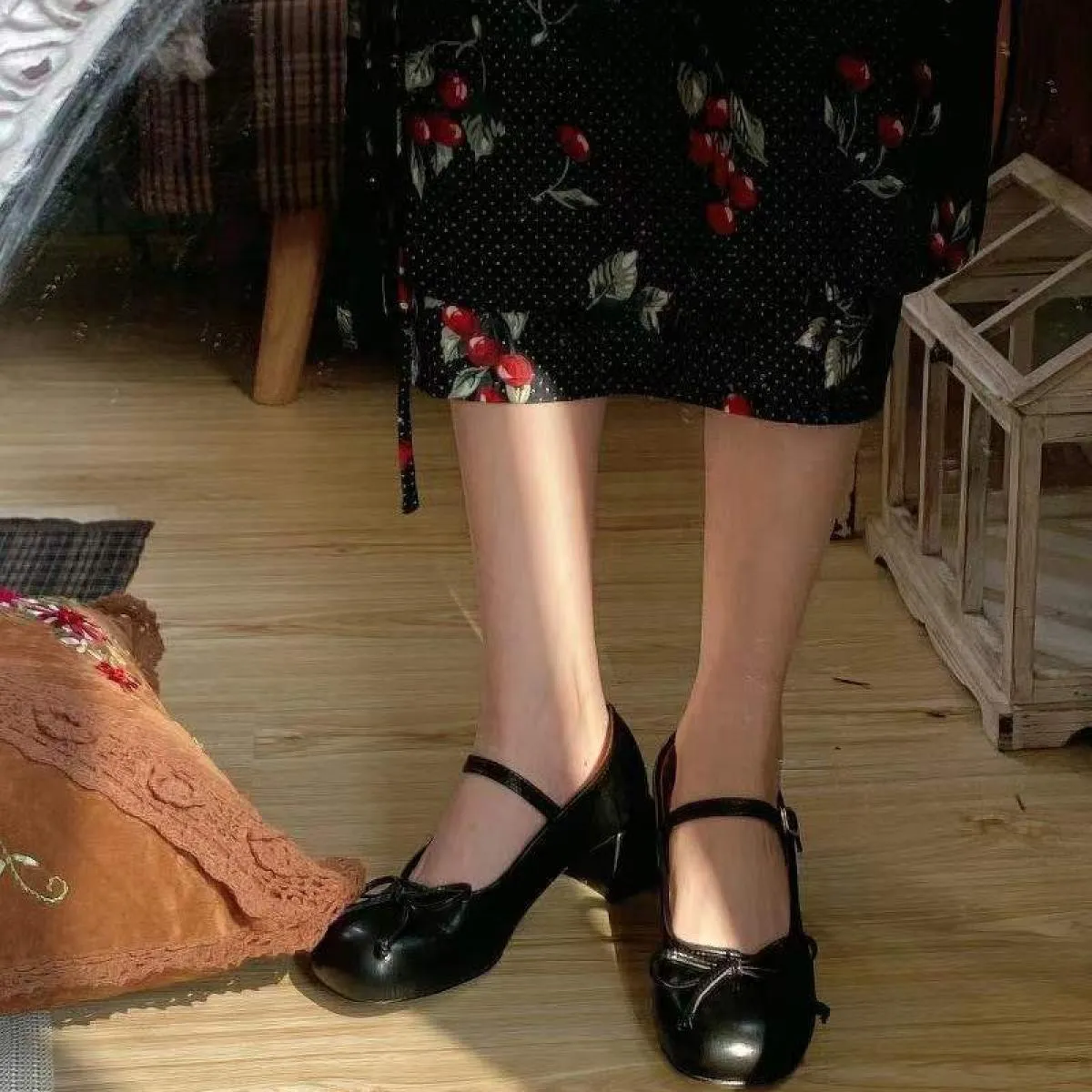 Ballerine da donna Lolita Mary Jane Scarpe da donna con tacco grosso e fiocco Sandali bassi Donna Carina Dolce Punta tonda Ragaz