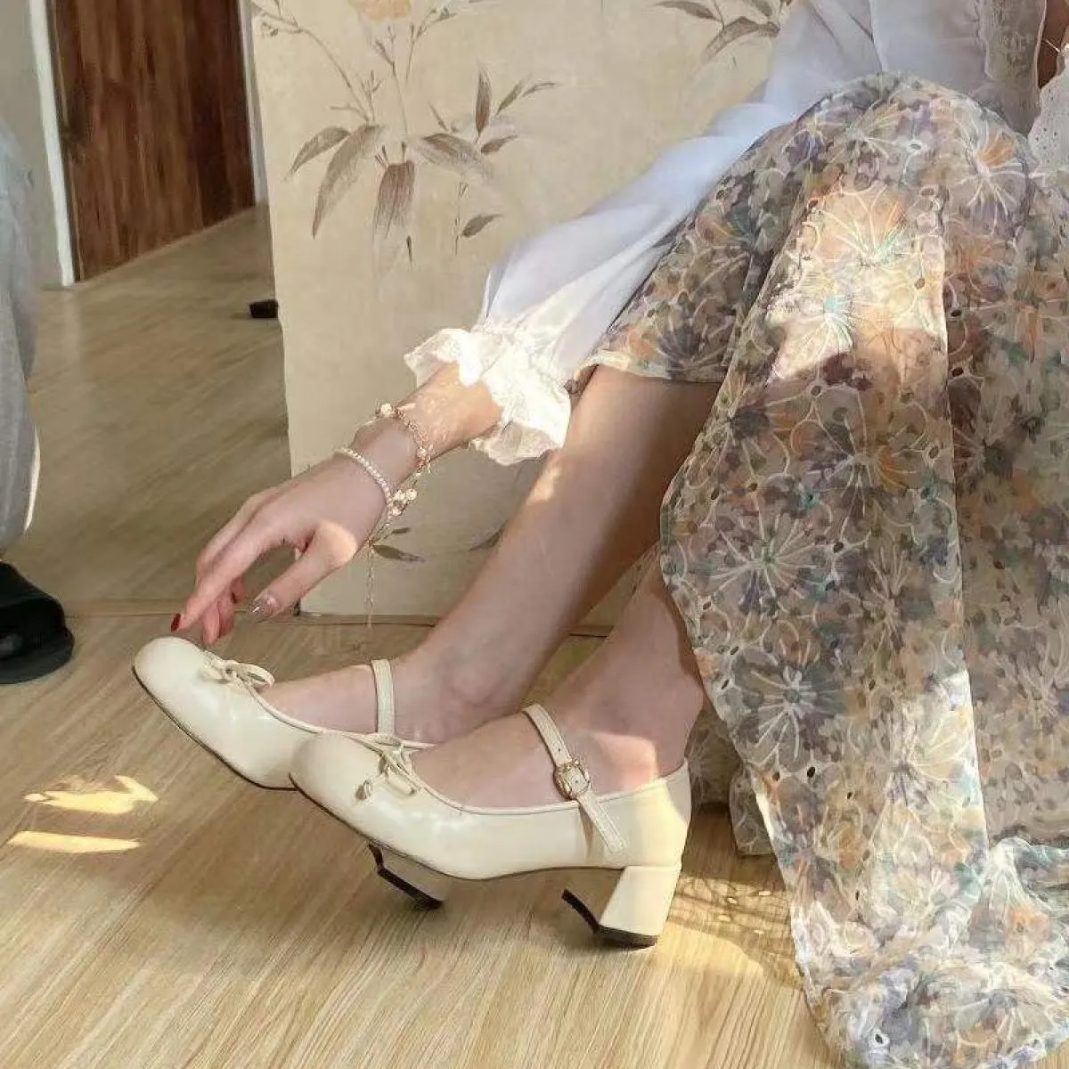 Ballerine da donna Lolita Mary Jane Scarpe da donna con tacco grosso e fiocco Sandali bassi Donna Carina Dolce Punta tonda Ragaz