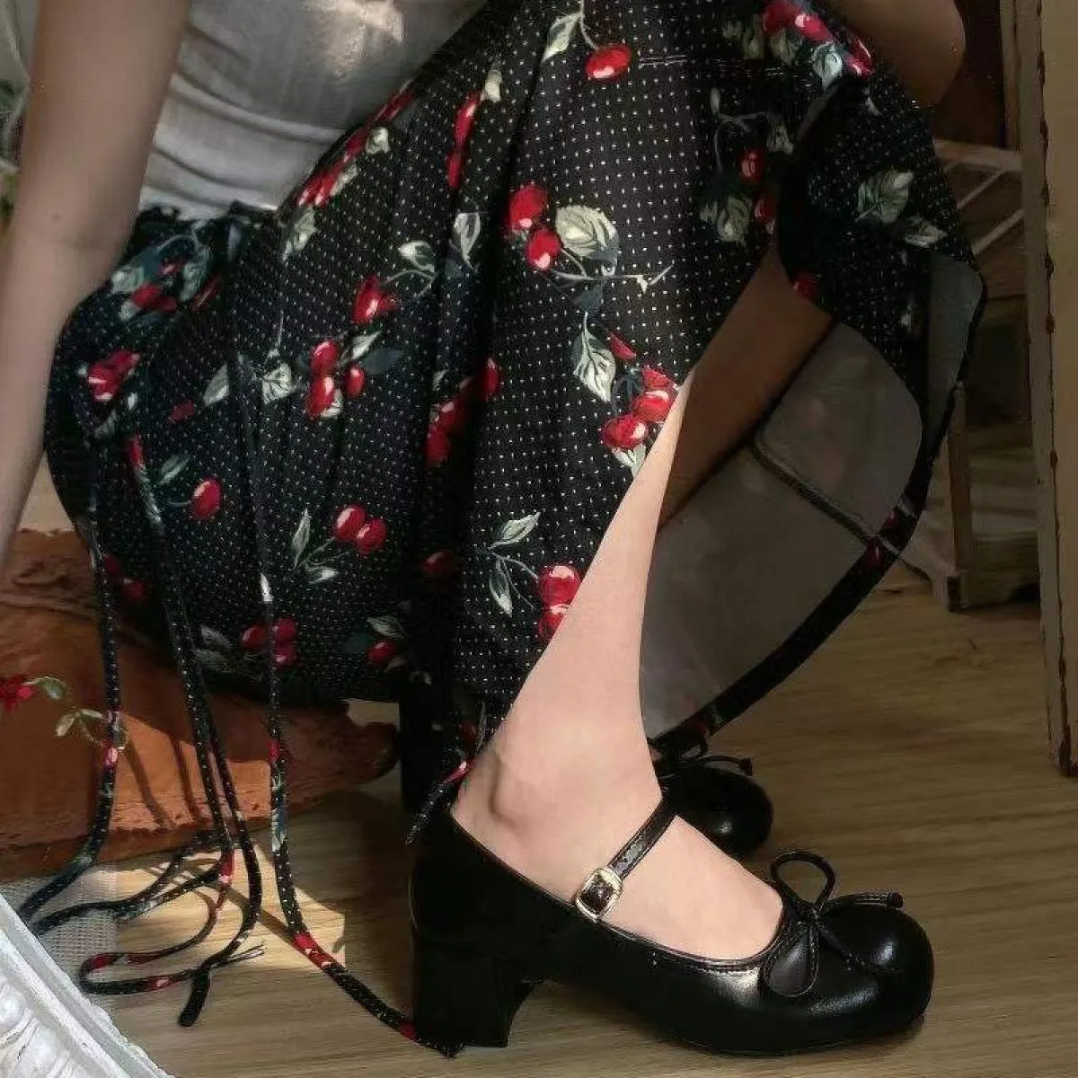 Ballerine da donna Lolita Mary Jane Scarpe da donna con tacco grosso e fiocco Sandali bassi Donna Carina Dolce Punta tonda Ragaz