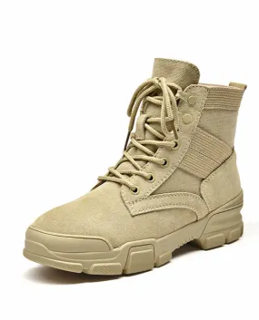 Beautoday Stivaletti Donna Pelle Scamosciata Pelle Scamosciata Tela Combat Boot Crosstied Punta Rotonda Autunno Inverno Lady Des