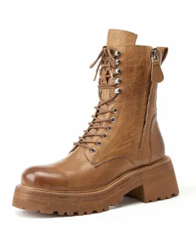 Beautoday Stivaletti Donna Vera Pelle di Cavallo Punta Rotonda Legata Laterale Cerniera Piattaforma Femminile Scarpe Punk Handma