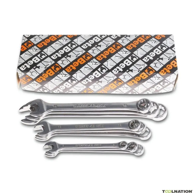Beta 000420396 42INOX-AS/S9 Set di 9 pezzi di chiavi ad anello, in acciaio inox. In un supporto compatto