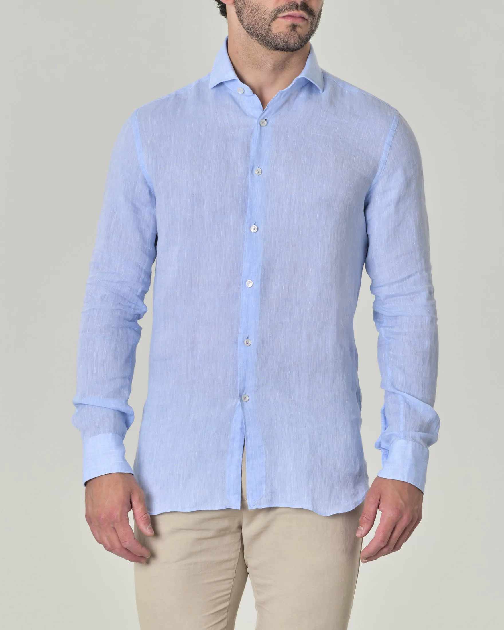 Camicia azzurra in puro lino con colletto alla francese