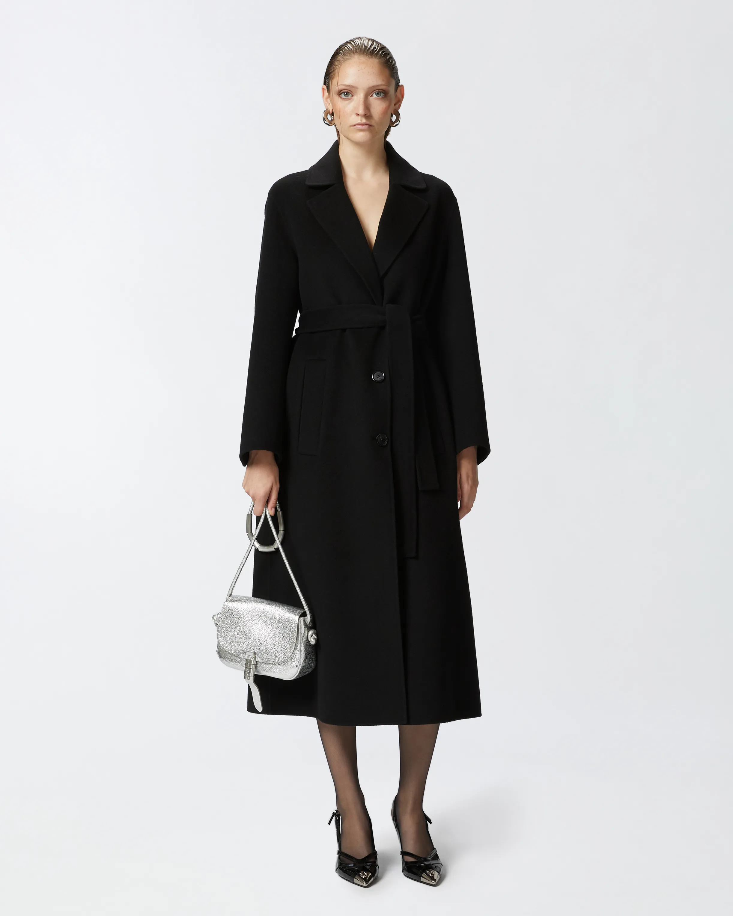  Cappotto lungo con cintura in panno doppio    