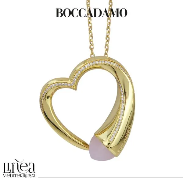 Collana con cuore pendente e cristallo color quarzo rosa    