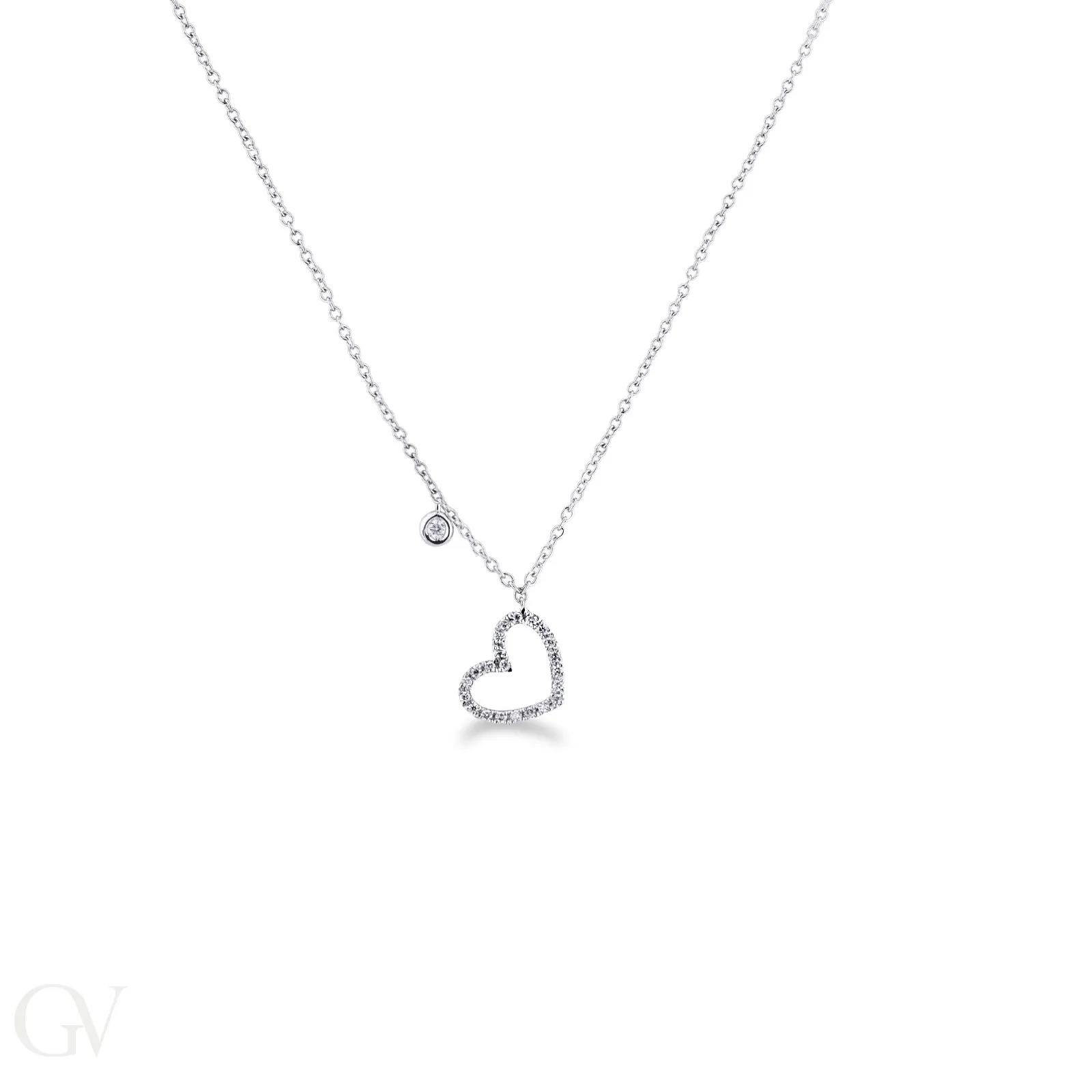 Collana in oro bianco 18k con pendente a cuore in diamanti e punto luce