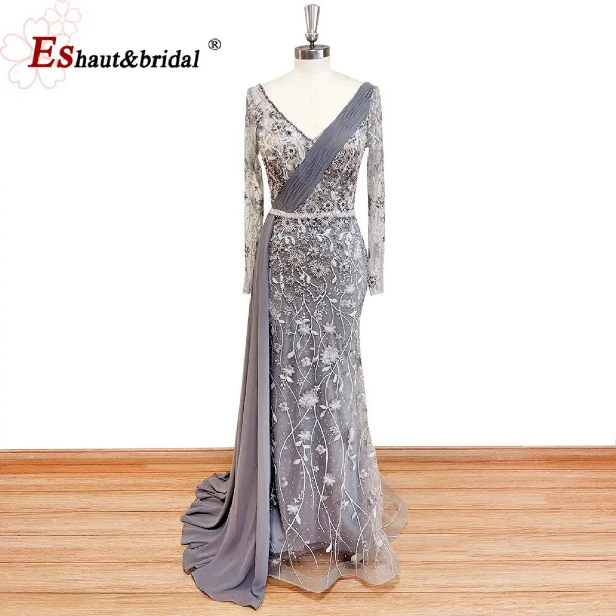 Elegante abito da sera in pizzo a sirena Dubai per le donne 2023 maniche lunghe scollo a V gonna in chiffon di cristallo formale