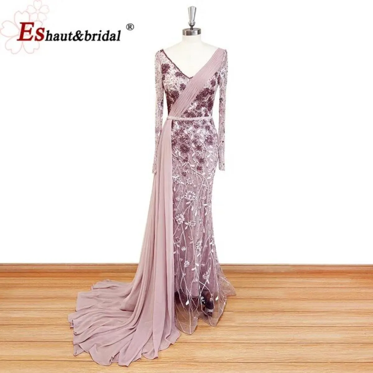 Elegante abito da sera in pizzo a sirena Dubai per le donne 2023 maniche lunghe scollo a V gonna in chiffon di cristallo formale