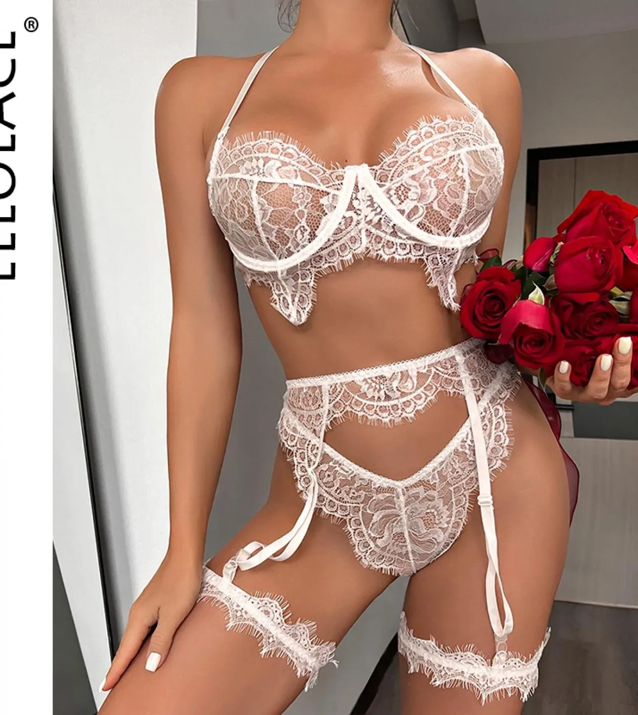 Ellolace San Valentino Lingerie Hot Reggiseno trasparente senza censura See Through Lace Bilizna Set Of Line Intimo