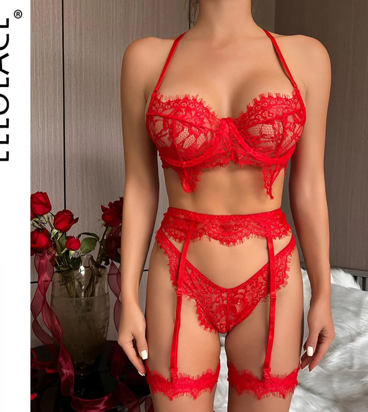 Ellolace San Valentino Lingerie Hot Reggiseno trasparente senza censura See Through Lace Bilizna Set Of Line Intimo
