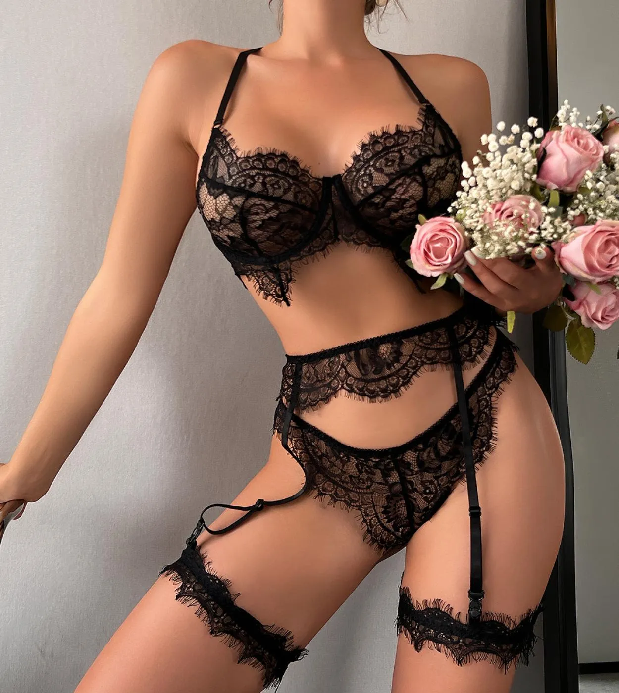 Ellolace San Valentino Lingerie Hot Reggiseno trasparente senza censura See Through Lace Bilizna Set Of Line Intimo