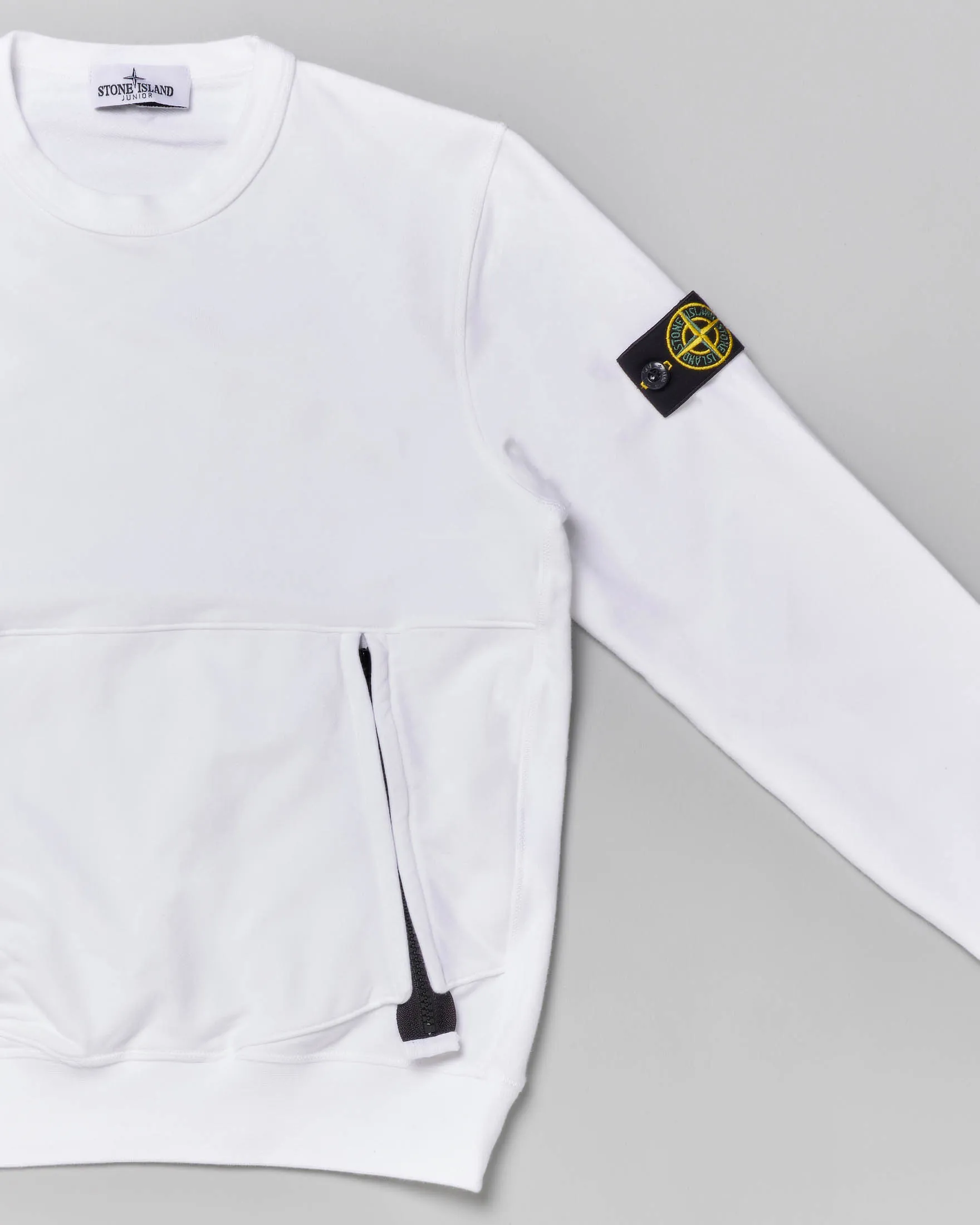 Felpa bianca girocollo in cotone stretch con zip nere in contrasto 8 anni