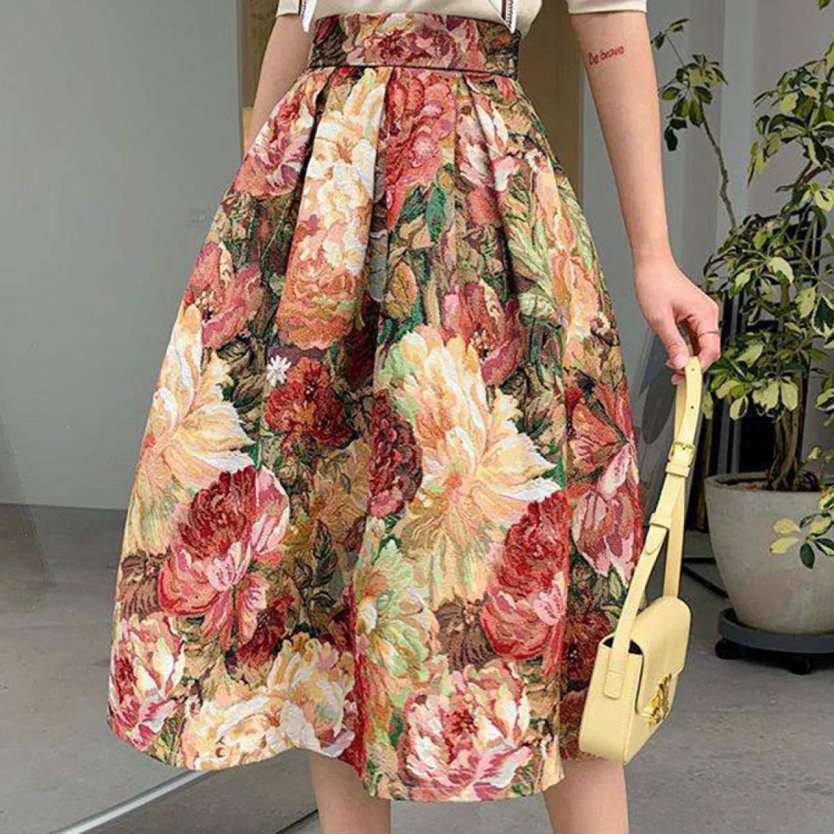 Gonna floreale vintage con pittura a olio da donna Moda tasche a vita alta Gonne ispessite jacquard Sxxxl 2023 Primavera K219