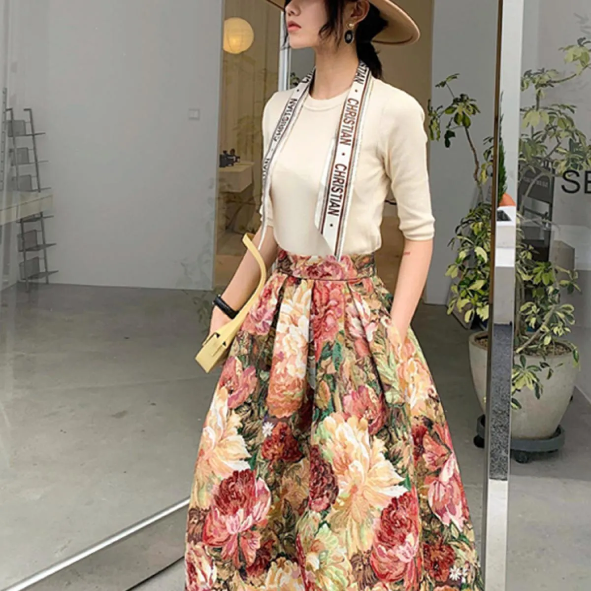 Gonna floreale vintage con pittura a olio da donna Moda tasche a vita alta Gonne ispessite jacquard Sxxxl 2023 Primavera K219
