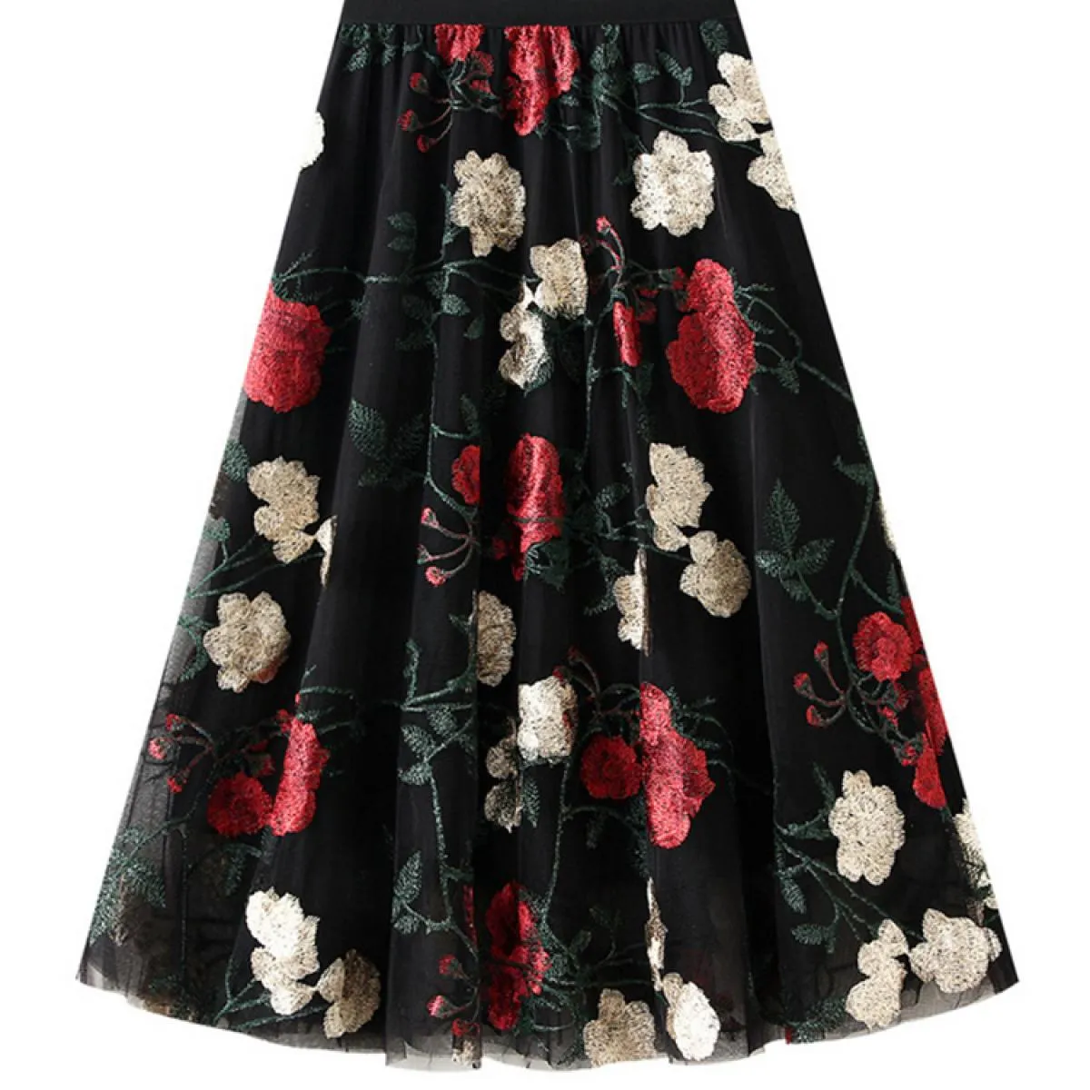 Gonna lunga a rete con ricamo a fiori grandi vintage Moda retrò a vita alta Tulle nero A Line Gonne Gonne 2023 Estate K26