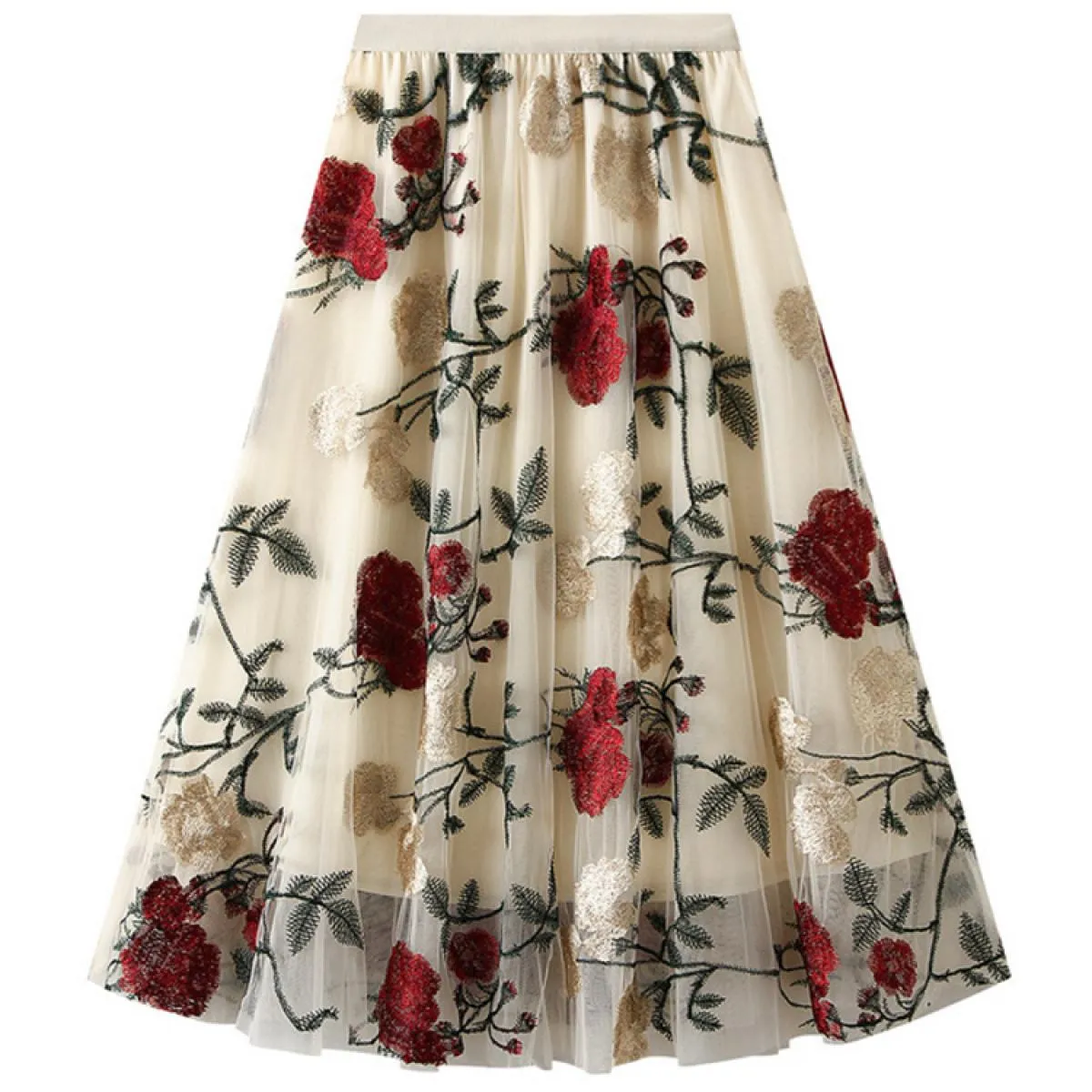 Gonna lunga a rete con ricamo a fiori grandi vintage Moda retrò a vita alta Tulle nero A Line Gonne Gonne 2023 Estate K26