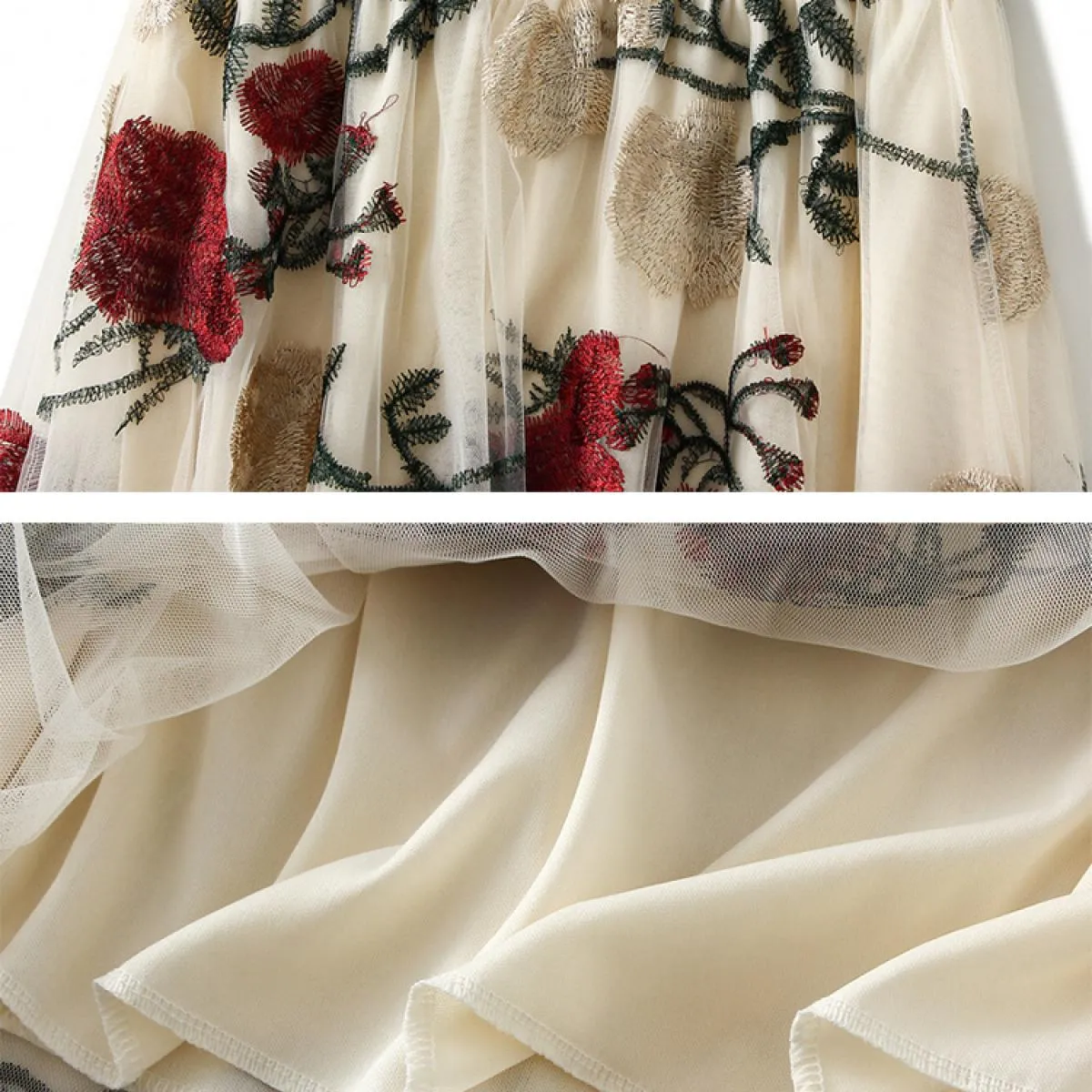 Gonna lunga a rete con ricamo a fiori grandi vintage Moda retrò a vita alta Tulle nero A Line Gonne Gonne 2023 Estate K26