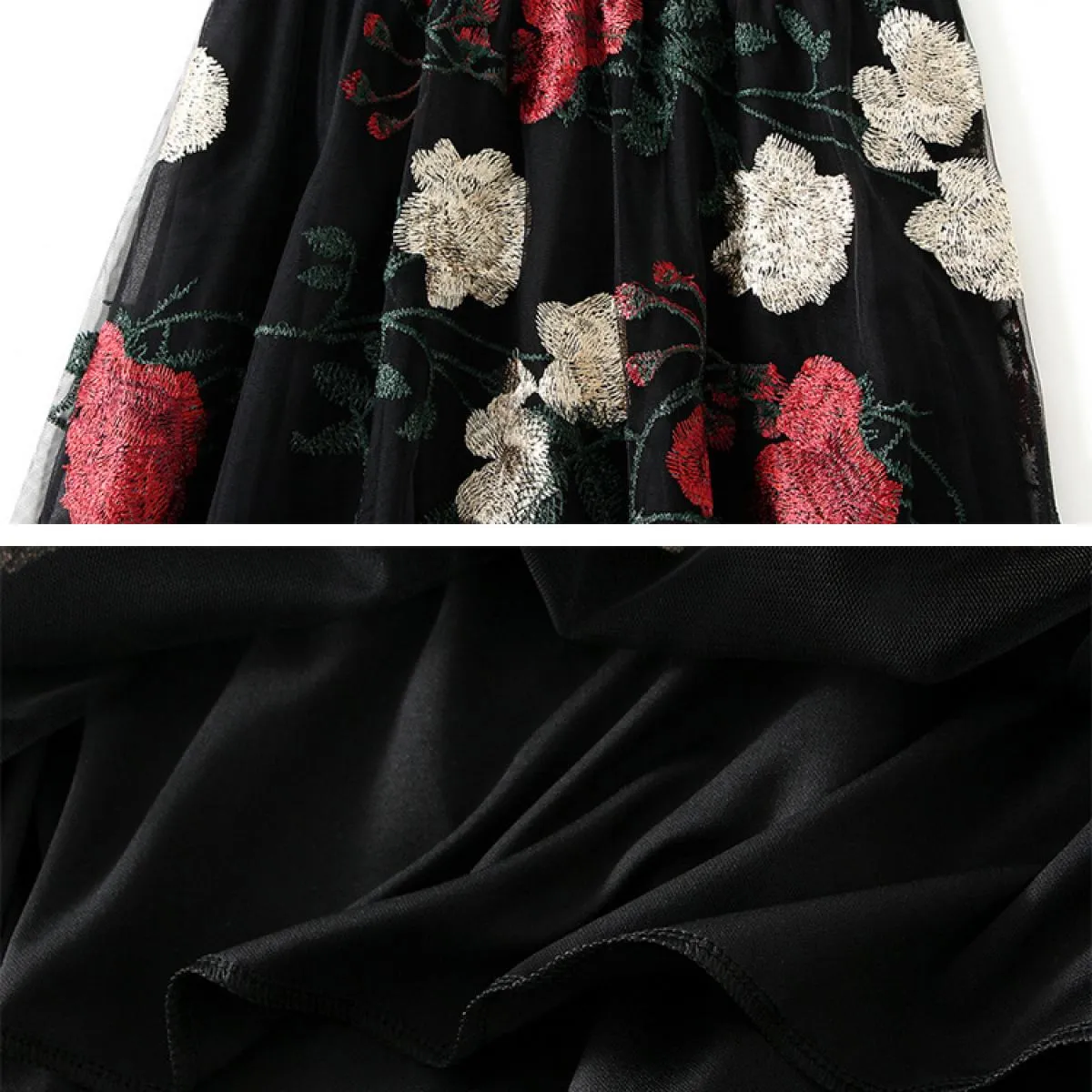 Gonna lunga a rete con ricamo a fiori grandi vintage Moda retrò a vita alta Tulle nero A Line Gonne Gonne 2023 Estate K26