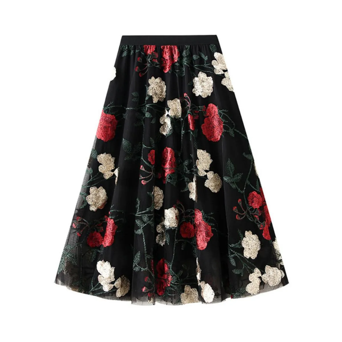 Gonna lunga a rete con ricamo a fiori grandi vintage Moda retrò a vita alta Tulle nero A Line Gonne Gonne 2023 Estate K26