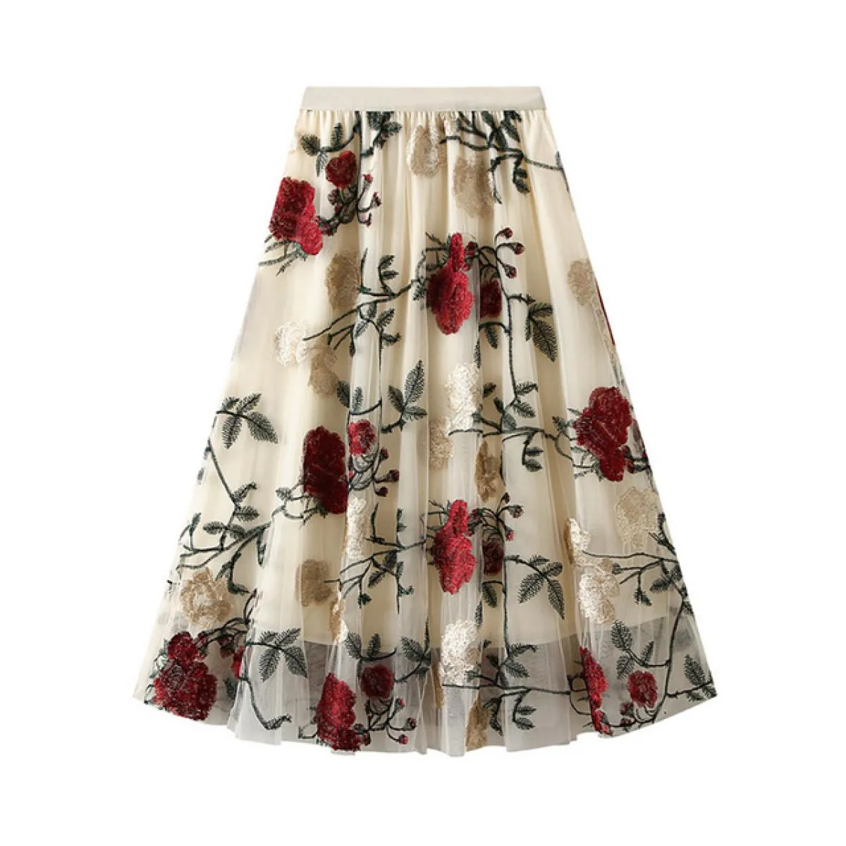 Gonna lunga a rete con ricamo a fiori grandi vintage Moda retrò a vita alta Tulle nero A Line Gonne Gonne 2023 Estate K26