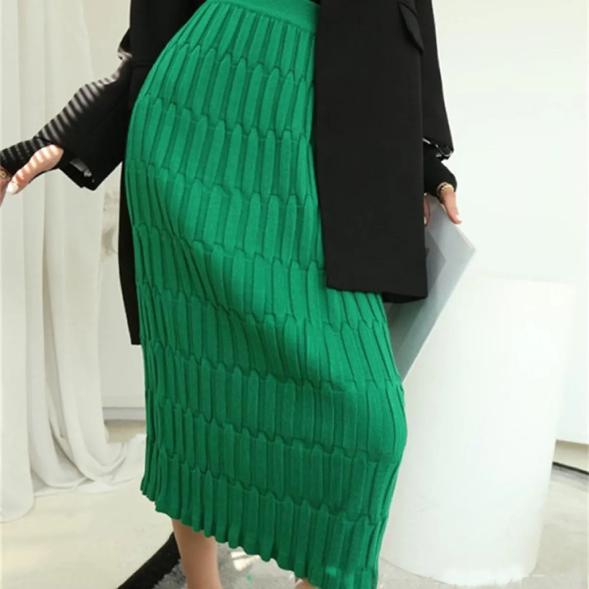 Gonna lunga patchwork a vita alta lavorata a maglia  donna ampia slim autunno 2023 moda elegante streetwear maglieria da do
