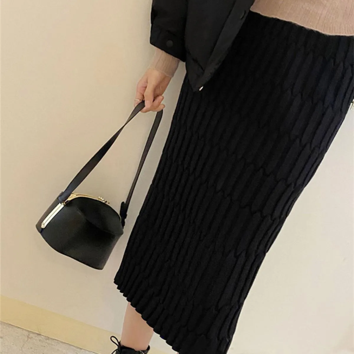 Gonna lunga patchwork a vita alta lavorata a maglia  donna ampia slim autunno 2023 moda elegante streetwear maglieria da do