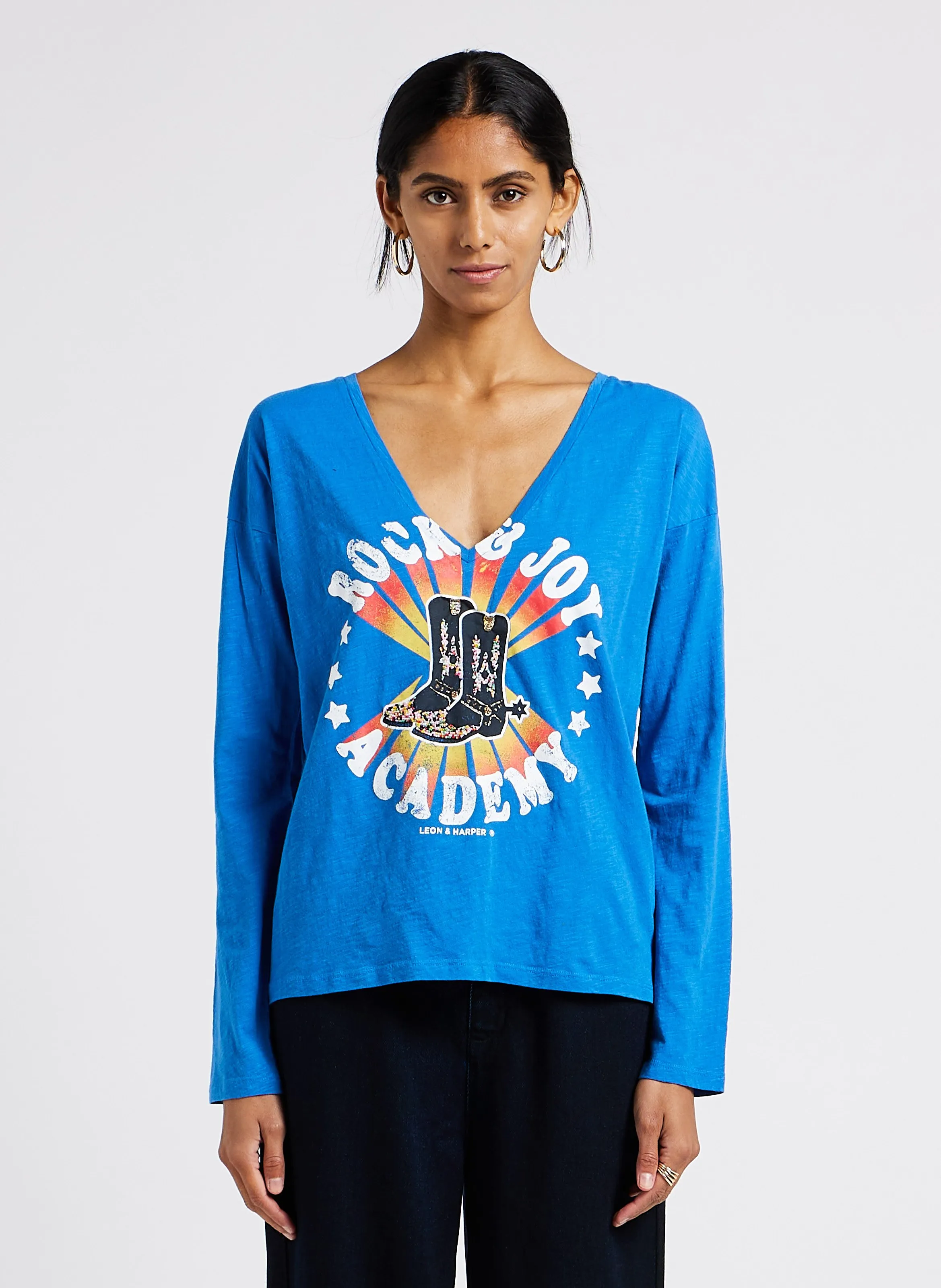  LEON & HARPER   TOMY - T-shirt dritta scollo a V in cotone biologico | Blu