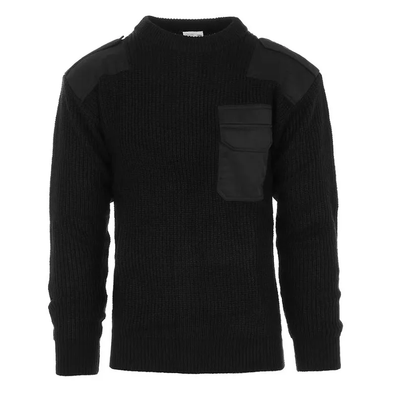 Maglione nero stile Esercito con toppe su spalla e gomiti portagradi e taschino