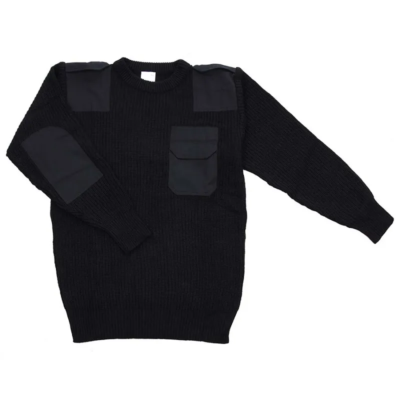 Maglione nero stile Esercito con toppe su spalla e gomiti portagradi e taschino