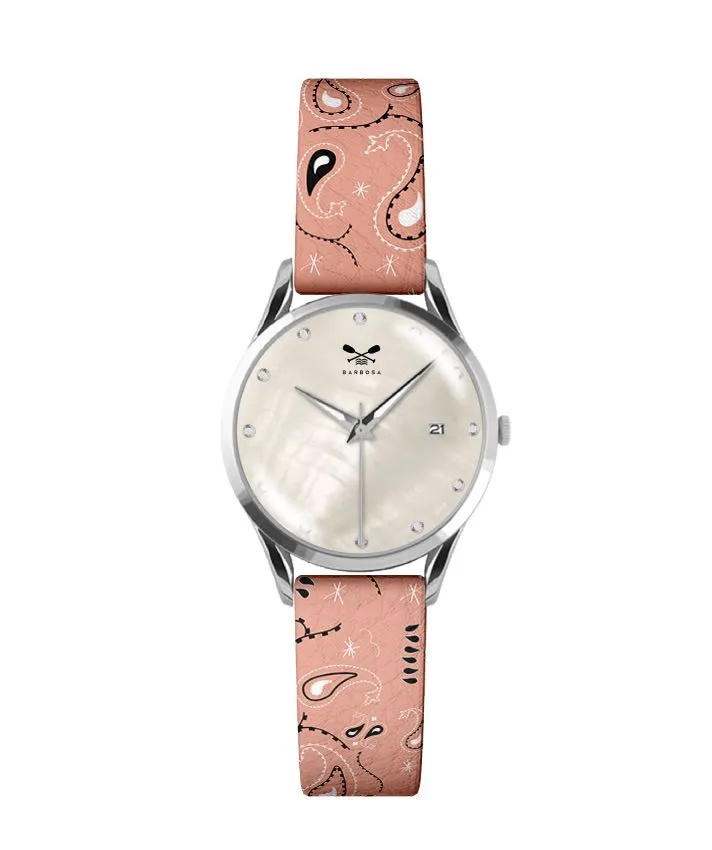 OROLOGIO MADREPERLA CON STRASS dm. 30 PELLE STAMPA BANDANA ROSA