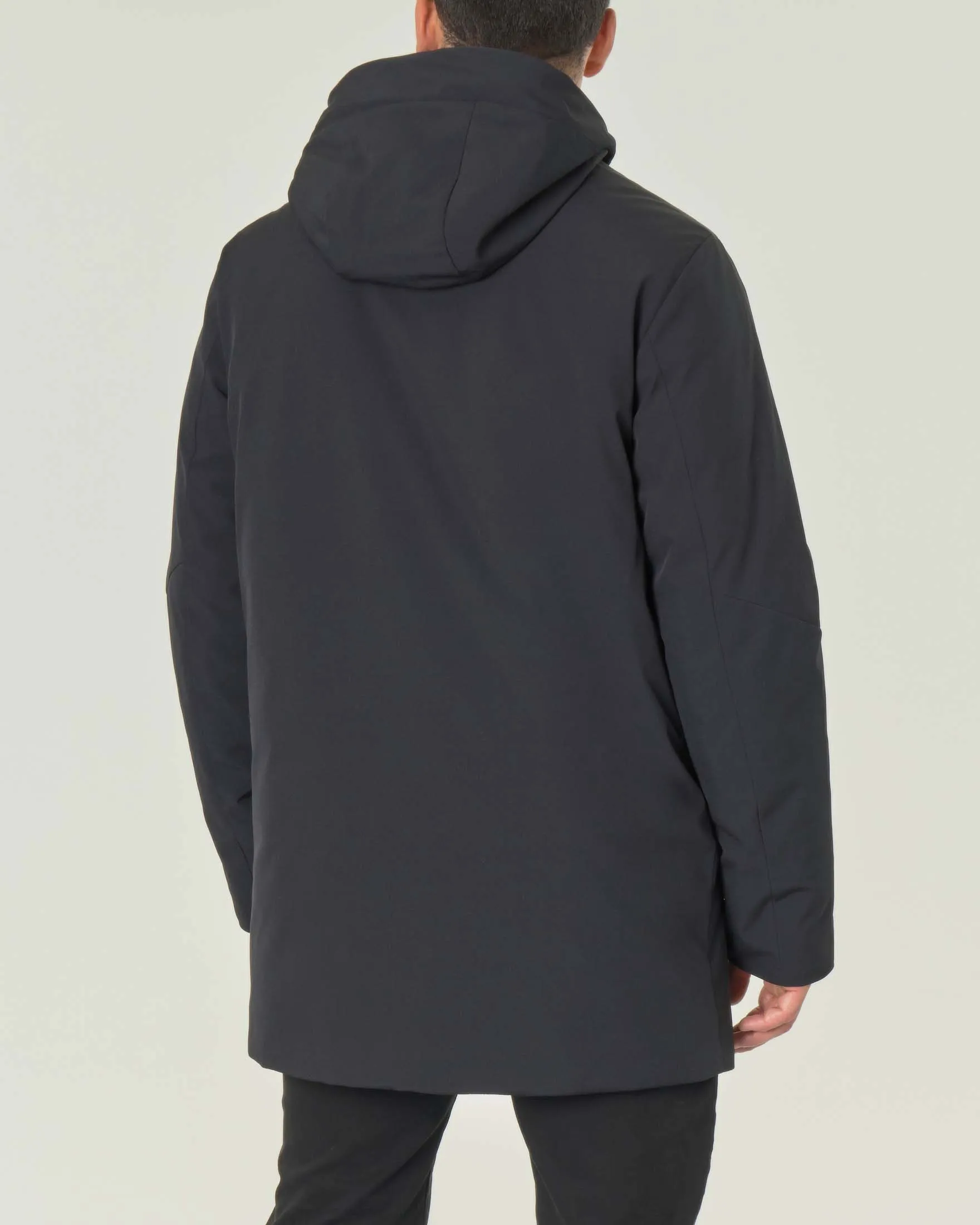 Parka nero in tessuto tecnico stretch con eco imbottitura DuPont Sorona