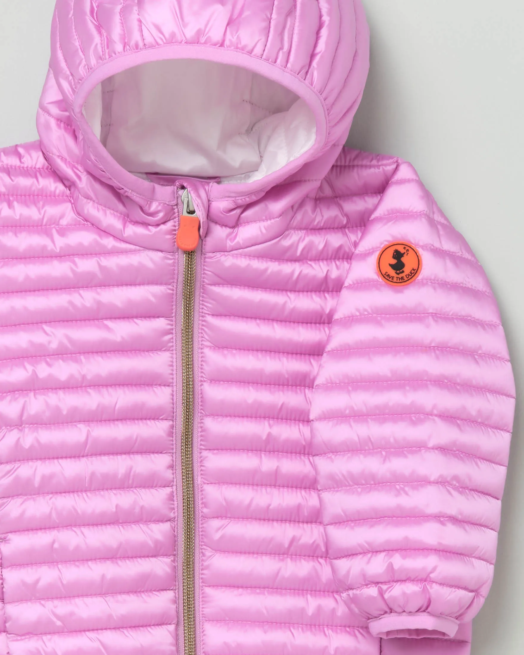 Piumino lilla in nylon imbottito in Plumtech® con cappuccio 9-18 mesi